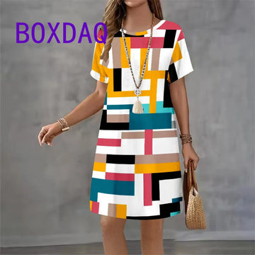 Saashi Geometric Print A Line Dress Short Sleeve Loose Fit Style