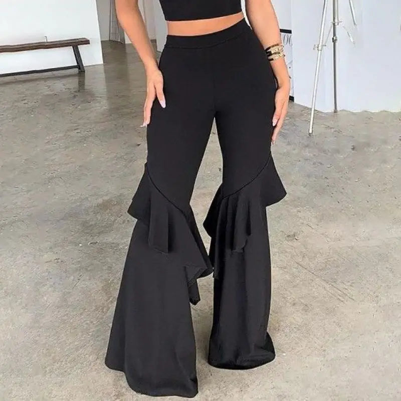 Saashi Ruffle Flared Pants for Women Solid Color Streetwear Trousers S–3XL Casual Fit