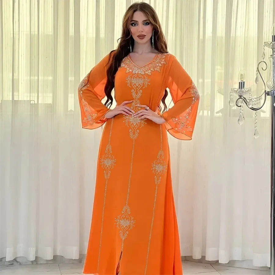 Saashi Elegant Lace-Up Abaya Dress with Diamonds for Muslim Women Party Wear Jalabiya Robe