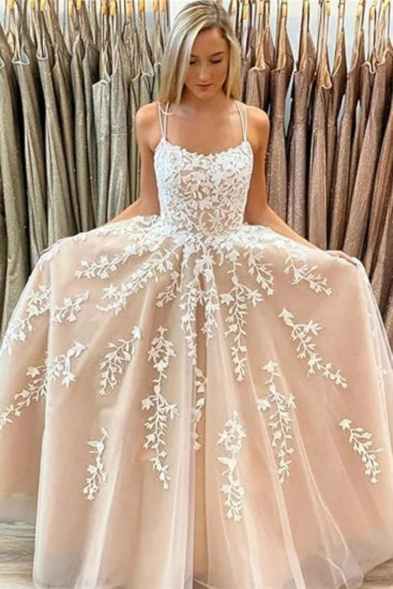 Saashi Tulle Spaghetti Strap Prom Dress – Long Lace Applique Ball Gown for Women