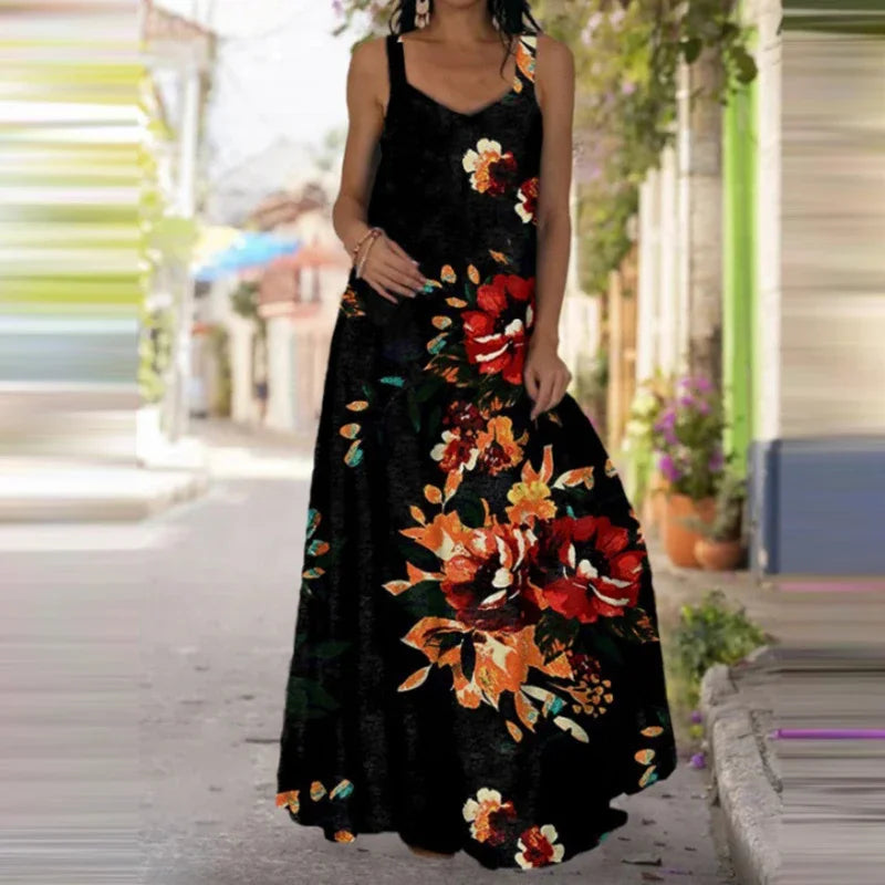 Saashi Butterfly Print Sleeveless Dress Summer Casual Long Dress