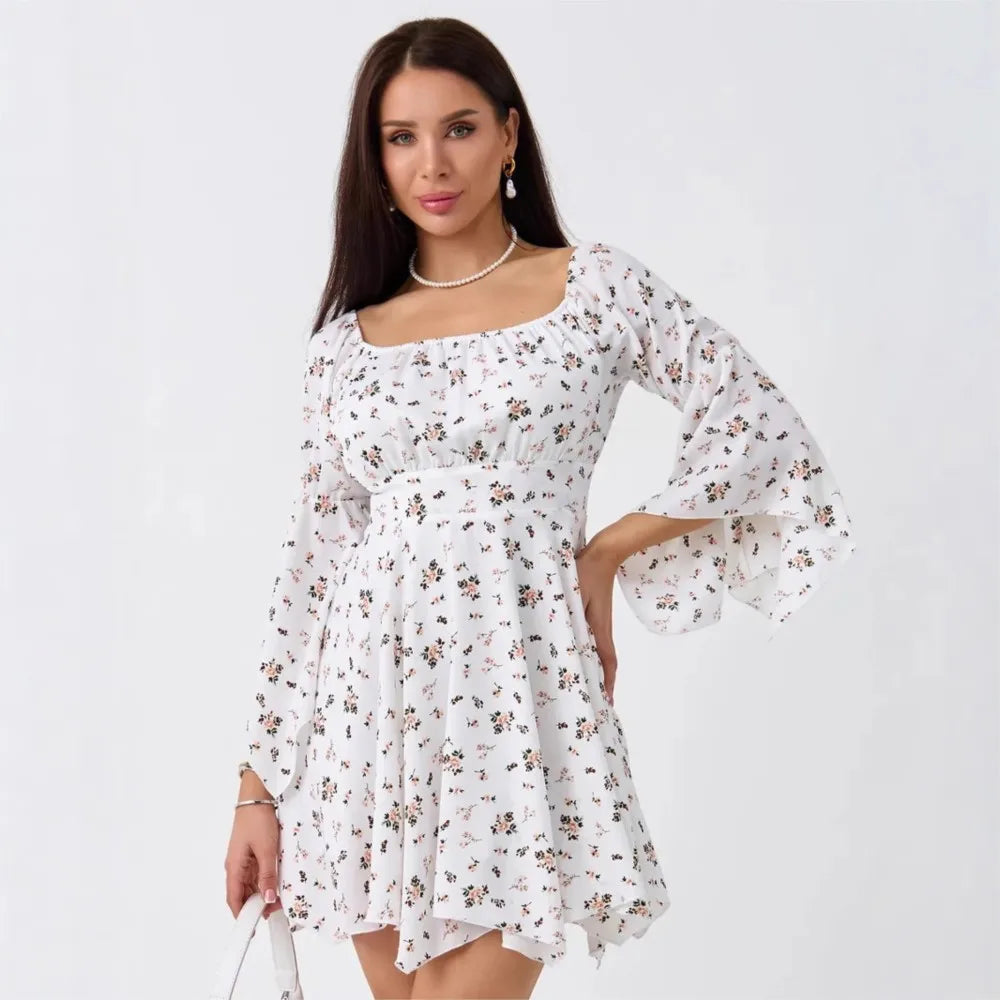 Saashi Floral Flared Sleeve Dress Slim Waist French Style Outfit