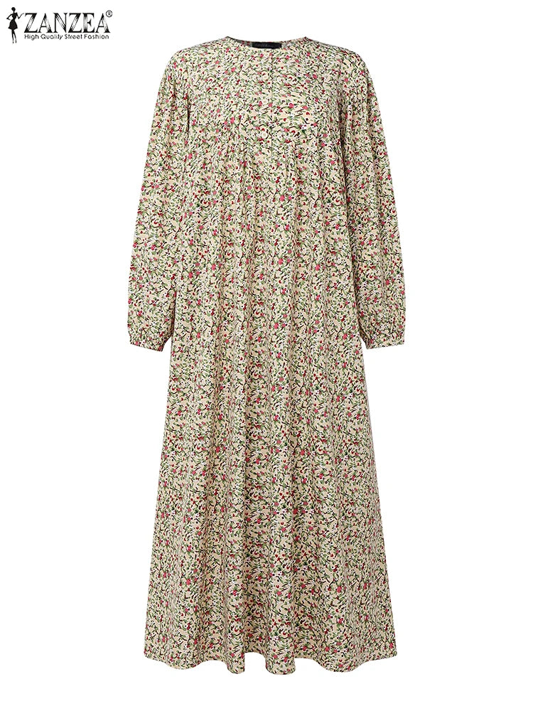 Saashi Vintage Printed Muslim Abaya Dress for Women Long Sleeve Hijab Sundress Ramadan Wear