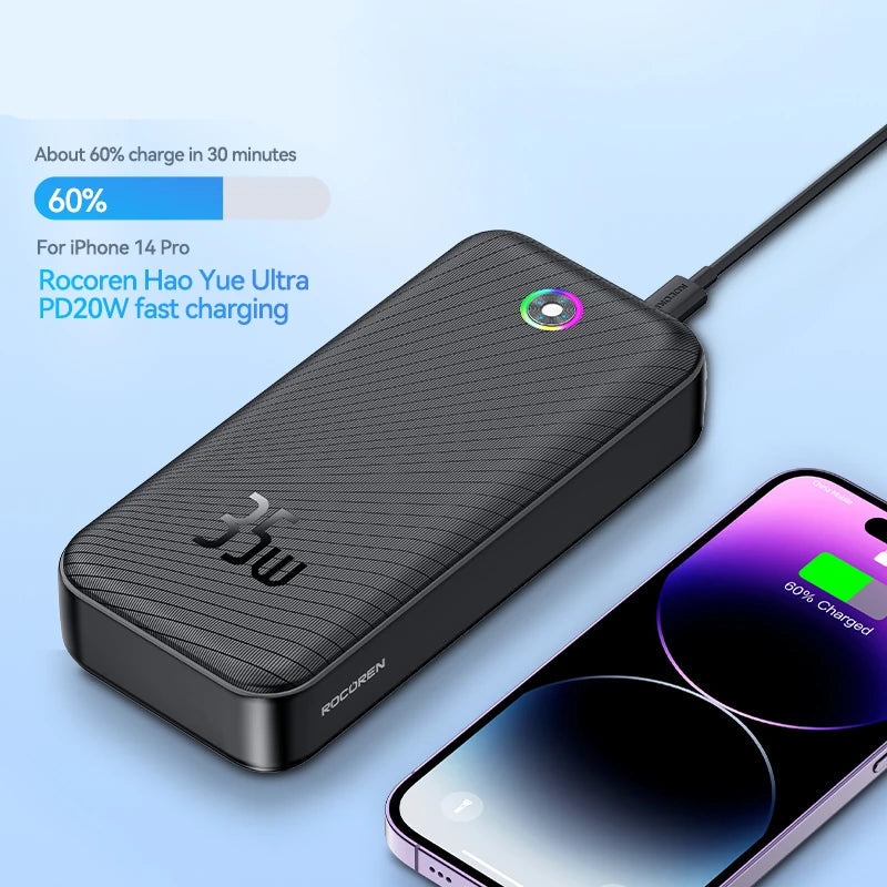 Saashi 30000mAh Power Bank with PD 35W Fast Charging for iPhone & Xiaomi.