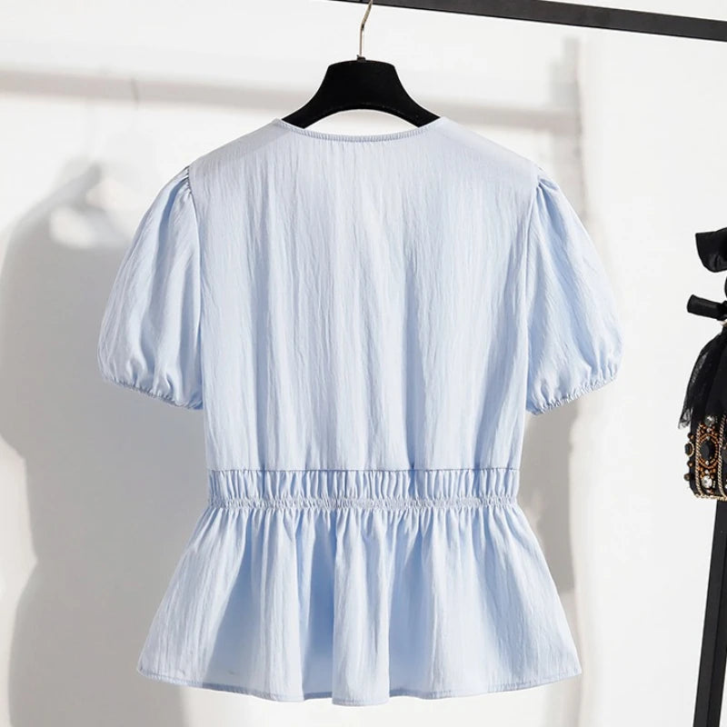 Saashi Plus Size Lace Trim Cinched Waist Doll Shirt – Women's Casual Summer Top