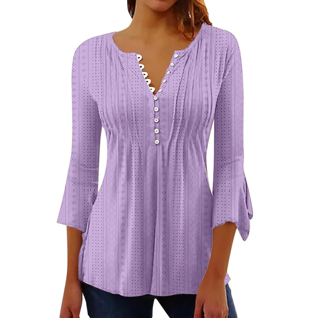 Saashi V-Neck Hollow Out Blouse for Women 3/4 Sleeve Solid Tunic Shirt Casual Office Wear