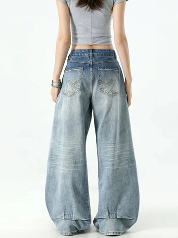 Saashi Women's Vintage Chicly Button Jeans American Baggy High Waisted Wide Leg.