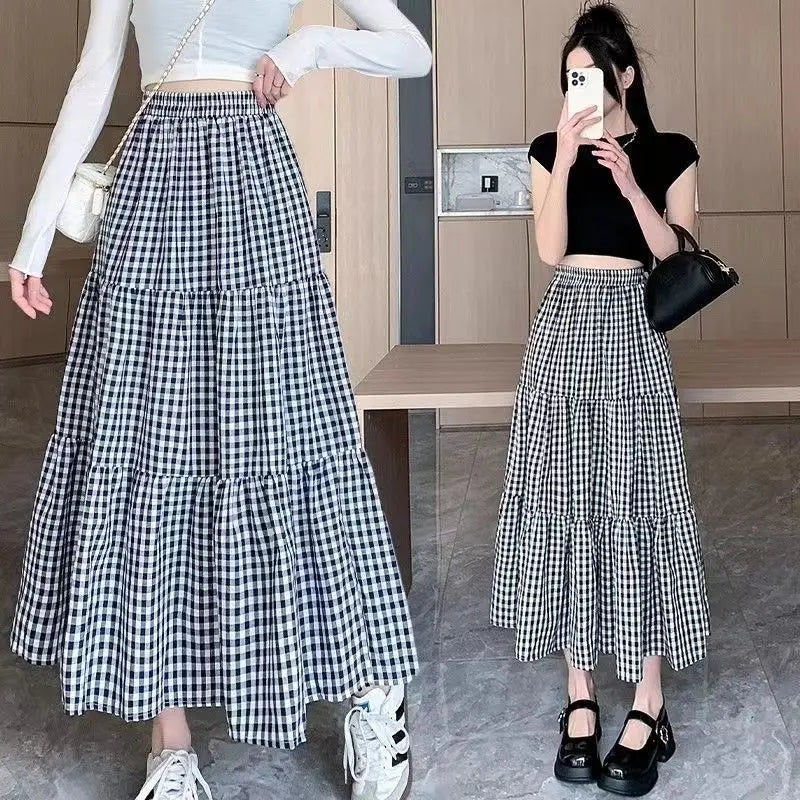 Saashi Women's Patchwork Tiered Skirt Summer Vintage Checkered High Waisted Midi Skirt.