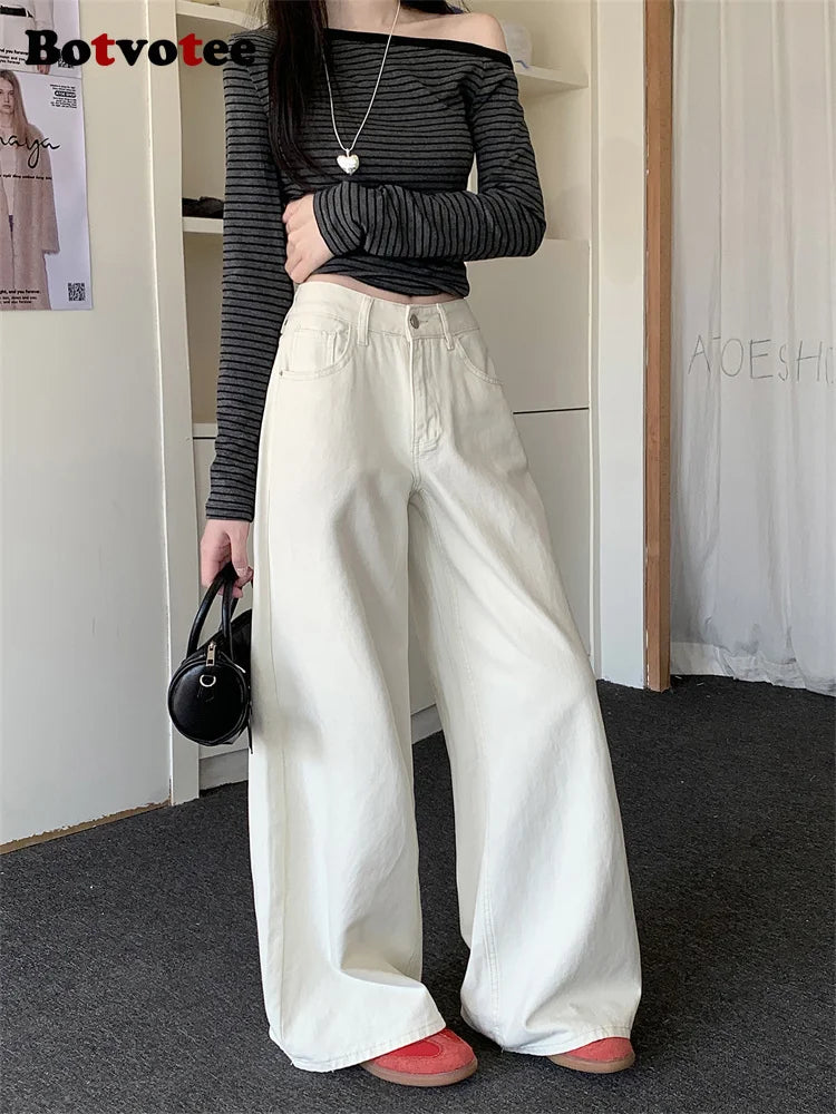 Saashi Milk White Baggy High Waisted Jeans for Women Y2K Loose Fit Denim Pants