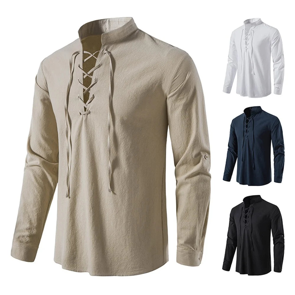 Saashi Men's Vintage Cotton Linen Long Sleeve Shirt