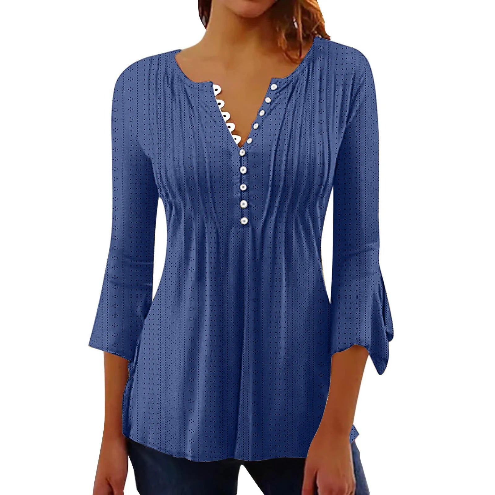 Saashi V-Neck Hollow Out Blouse for Women 3/4 Sleeve Solid Tunic Shirt Casual Office Wear