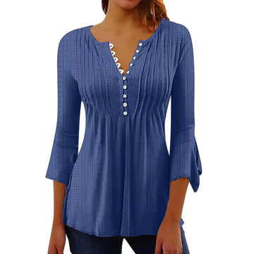 Saashi V-Neck Hollow Out Blouse for Women 3/4 Sleeve Solid Tunic Shirt Casual Office Wear
