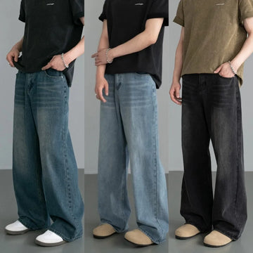 Saashi Men's Spring Autumn Old Blue Washed Casual Contrasting Color Wide Leg.