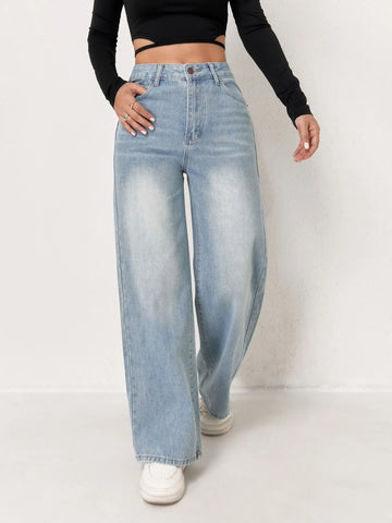 Saashi Women's European Trend Washed Blue Wide Leg Jeans Fashion All-matching Jeans.