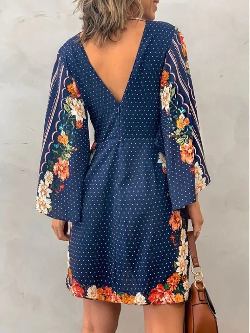 Saashi Floral A Line Dress Deep V Neck Elegant Long Sleeve Style