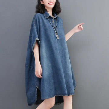 Saashi Denim Shirt Dress Polo Neck Loose Vintage Knee Length Style