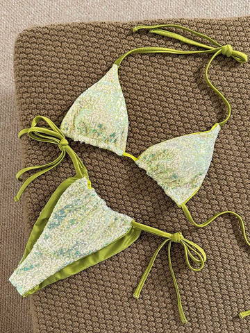 Saashi Fresh Floral Green Bikini Set Two Piece Halter Swimsuit Beachwear Women.