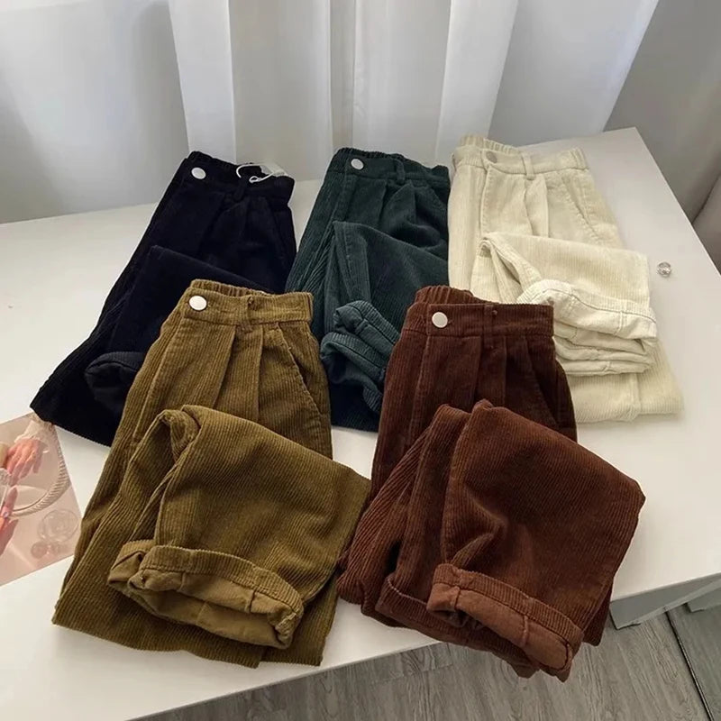 Saashi Retro High Waist Corduroy Pants for Women Straight Leg Full Length Black Trousers