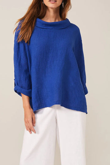 Saashi Plus Size Cotton Linen Shirt for Women with Asymmetric Hem Solid Casual Vintage Long Sleeve Blouse