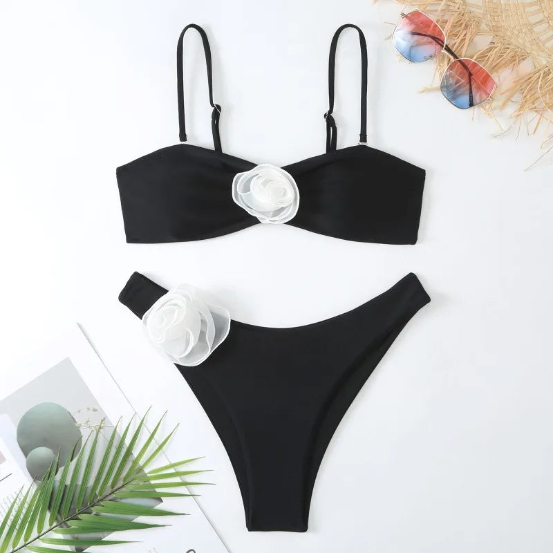 Saashi 3D Flower Bikini Set - Two-Piece Swimsuit with Tie-Back Top