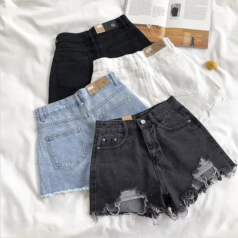 Saashi High Waist Ripped Denim Shorts for Women – Summer Casual Y2K Streetwear Blue Jeans