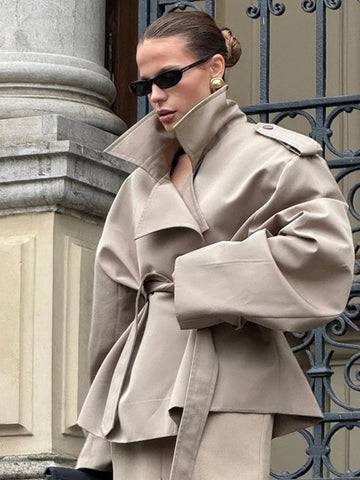 Saashi Short Trench Coat Belted Lapel Autumn Streetwear Jacket