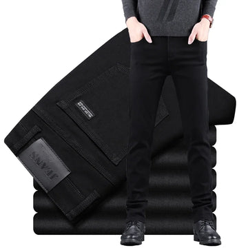 Saashi Men’s Pure Black Slim Elastic Straight Jeans Business Fashion Korean Vintage Denim Pants