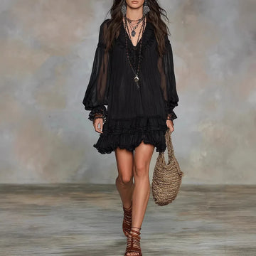 Saashi Lace Patchwork Mini Dress V Neck Ruffle Party Style