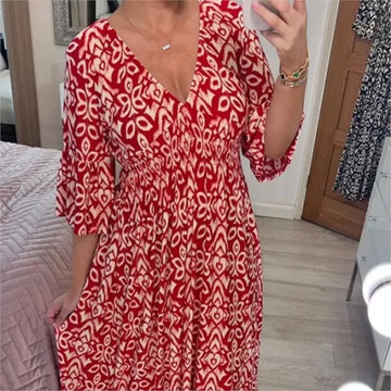 Saashi V-Neck Floral Maxi Dress for Women Half Sleeve Loose Summer Beach Holiday Tunic Style