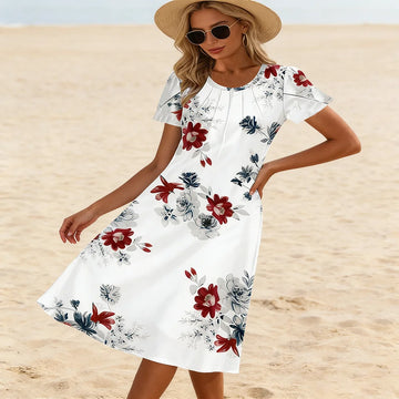 Saashi Floral Midi Dress Short Sleeve Casual Beach Outfit
