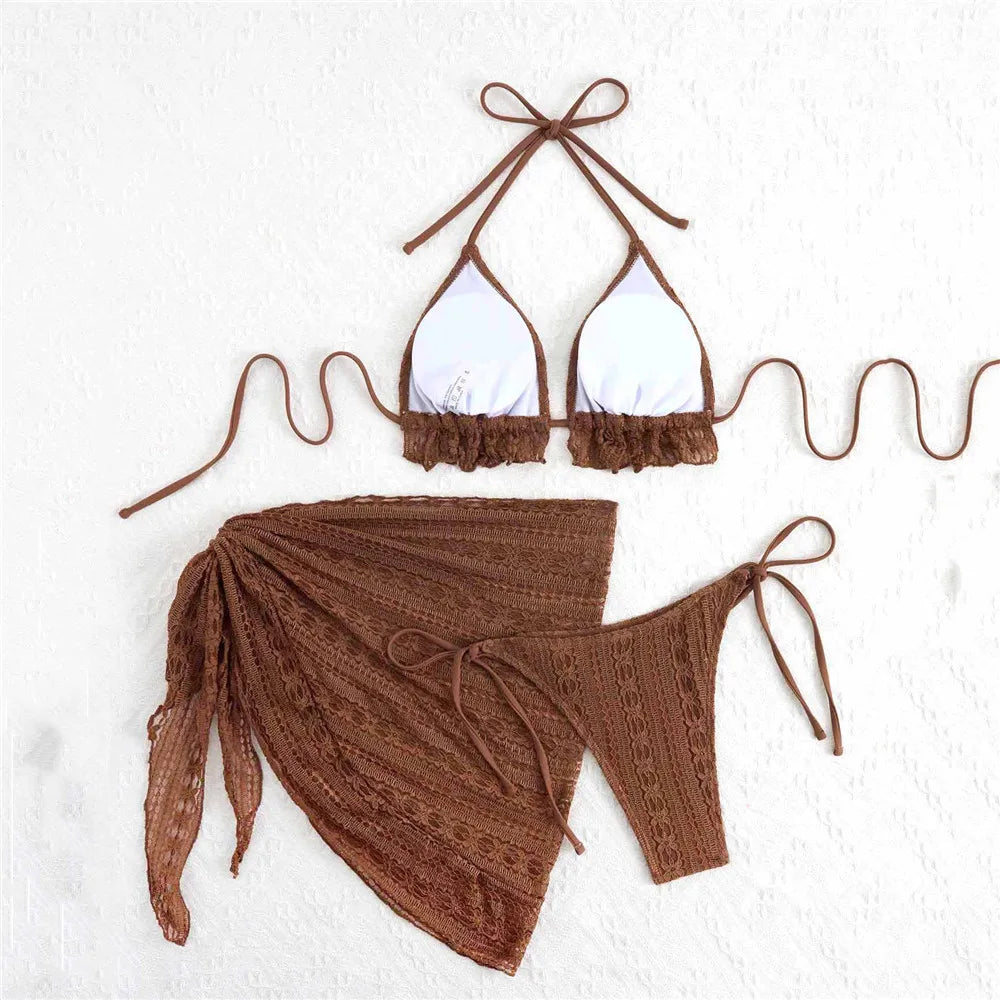Saashi Sexy Brown Lace Mesh 3 Piece Bikini Set Halter Thong Cover Up.