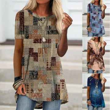 Saashi Floral Graphic Blouse for Women Casual Loose O-Neck Tunic Top Short Sleeve S-5XL