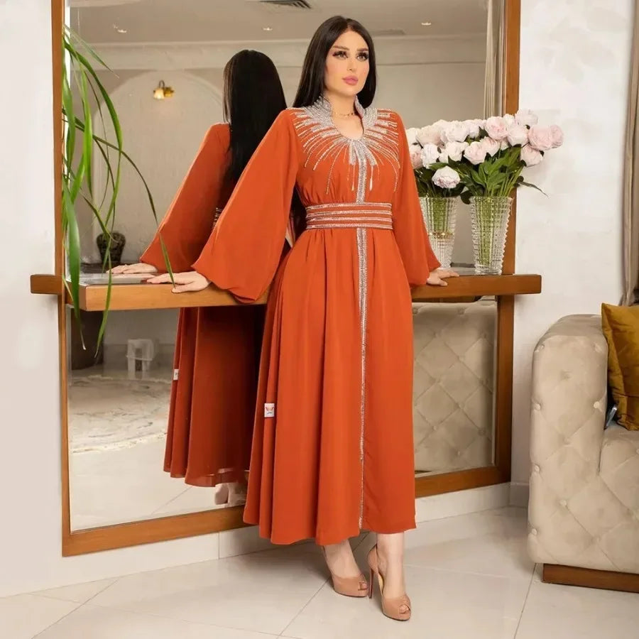 Saashi Luxury Diamond Abaya Dress for Muslim Women Elegant Moroccan Dubai Kaftan Gown