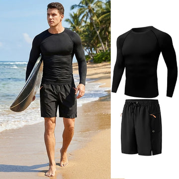 Saashi Men’s Beach Sporty Surfing Set Quick-Dry Rash Guard Long Sleeve Board Shorts