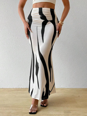 Saashi Women's Summer Printed Pleated Skirt High Waist Casual A-Line Midi Skirt.