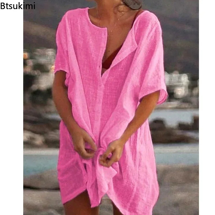 Saashi Cotton Linen Summer Beach Dress for Women Loose Midi Tunic Cover-Up S-5XL
