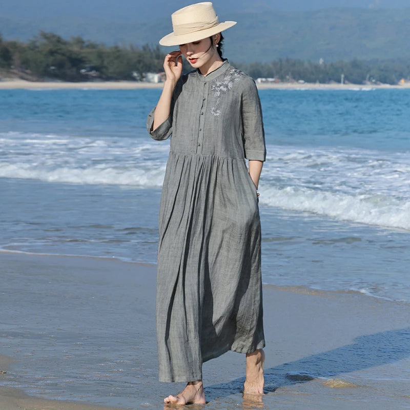 Saashi Linen A Line Dress Vintage Floral Embroidered Long Dress