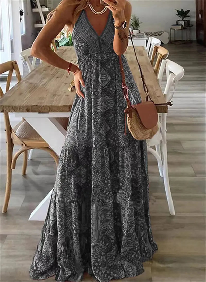 Saashi Women’s Boho Floral Maxi Dress V Neck Beach Holiday Style