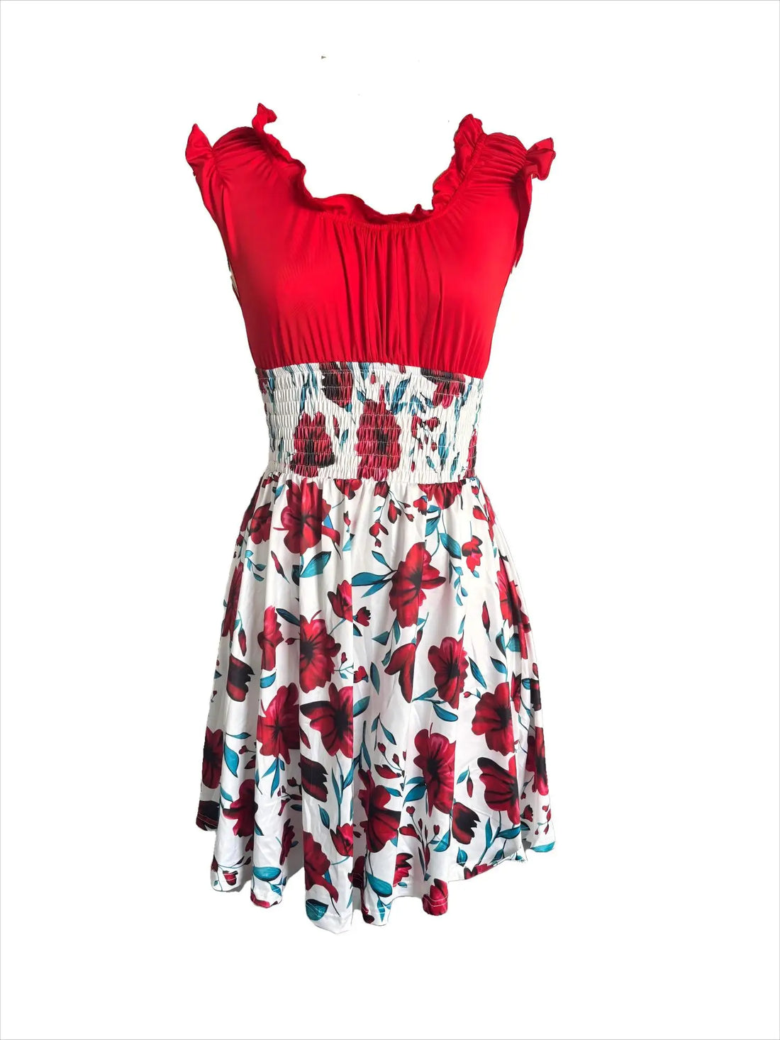 Saashi Floral Patchwork Dress V Neck Slim Fit Beach Style