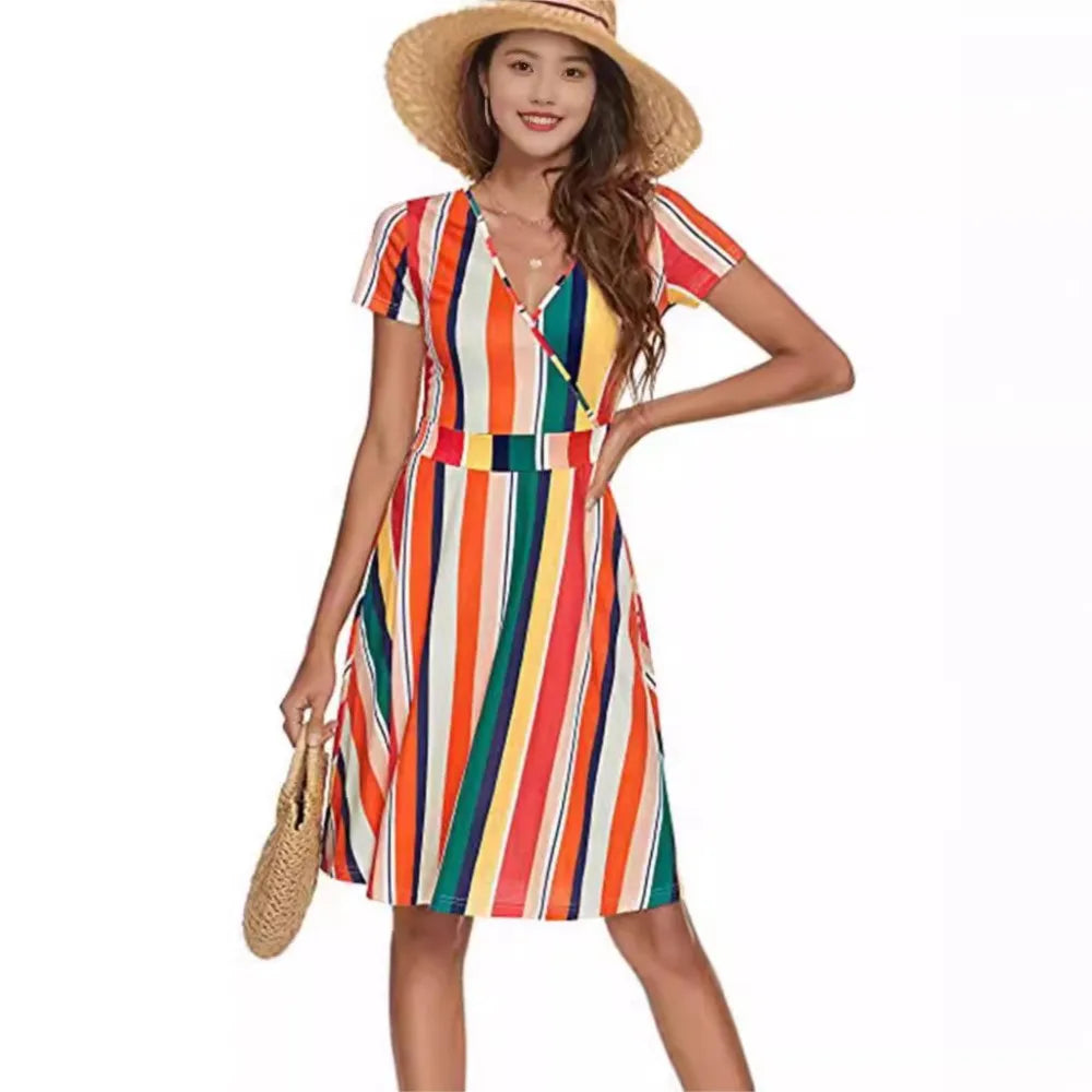 Saashi Striped A Line Dress Short Sleeve Boho Casual Style