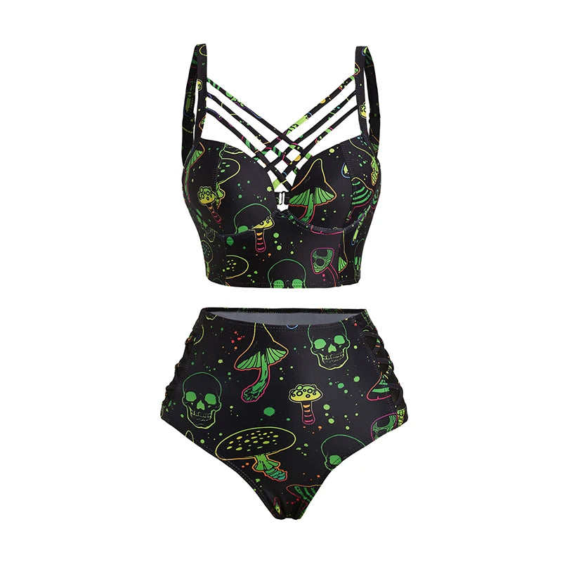 Saashi Adjustable Crisscross Bikini Set - Galaxy Mushroom & Skull Print