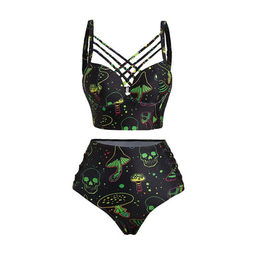 Saashi Adjustable Crisscross Bikini Set - Galaxy Mushroom & Skull Print