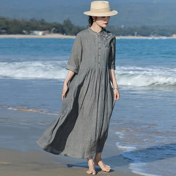 Saashi Linen A Line Dress Vintage Floral Embroidered Long Dress
