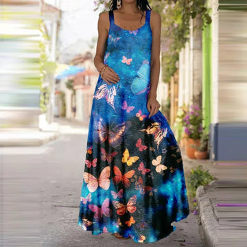 Saashi Butterfly Print Sleeveless Dress Summer Casual Long Dress