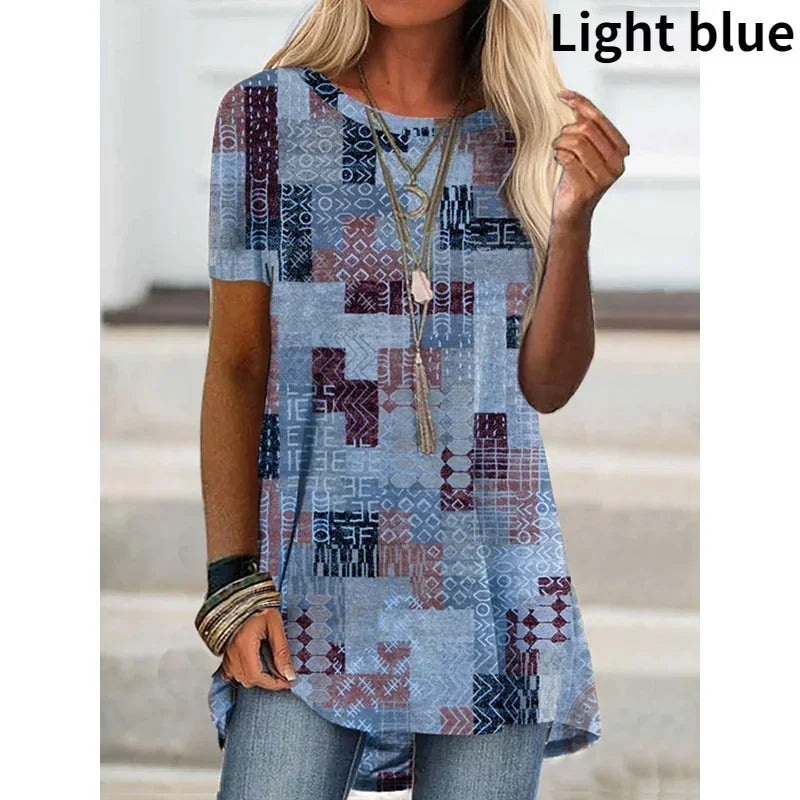 Saashi Floral Graphic Blouse for Women Casual Loose O-Neck Tunic Top Short Sleeve S-5XL