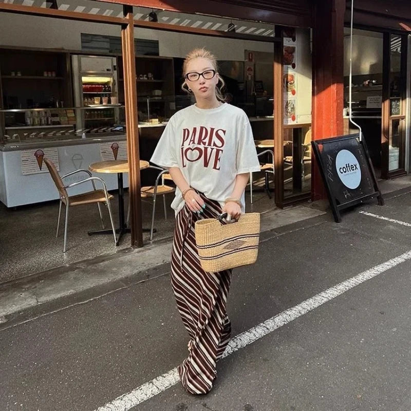 Saashi High Waist Striped Contrast Drawstring Trend A-line Summer Vintage Youth Skirt.