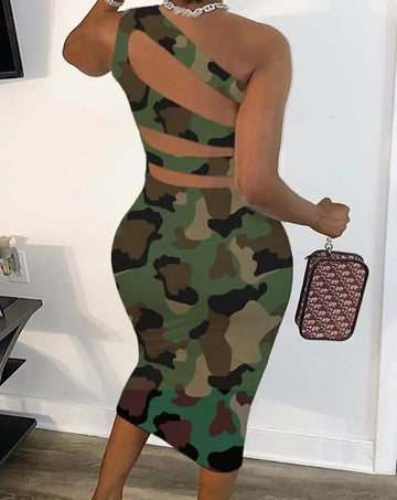 Saashi Camouflage Mid-Calf Bodycon Dress