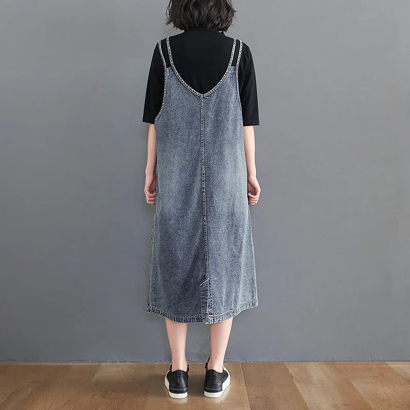 Saashi Denim Overall Dress Sleeveless Spaghetti Strap Casual Style