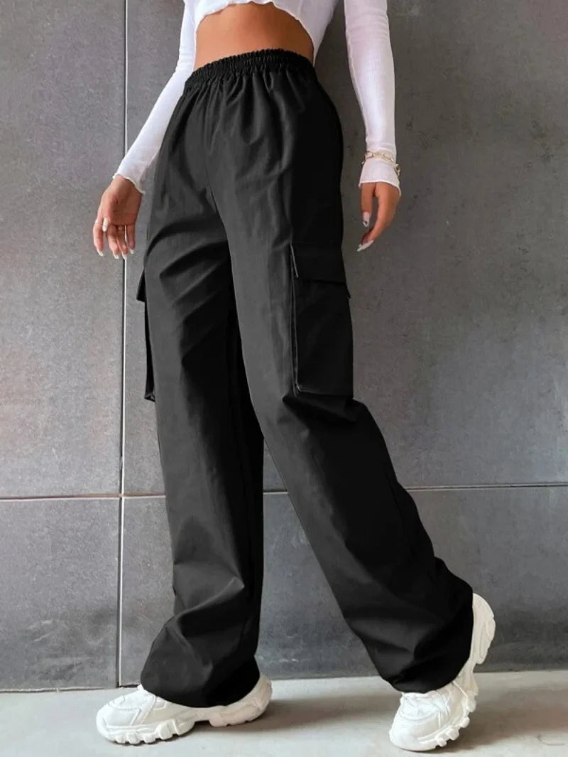 Saashi Women's Y2K Solid Ripped Baggy Pants Elastic Waist Streetwear Cargo Trousers.
