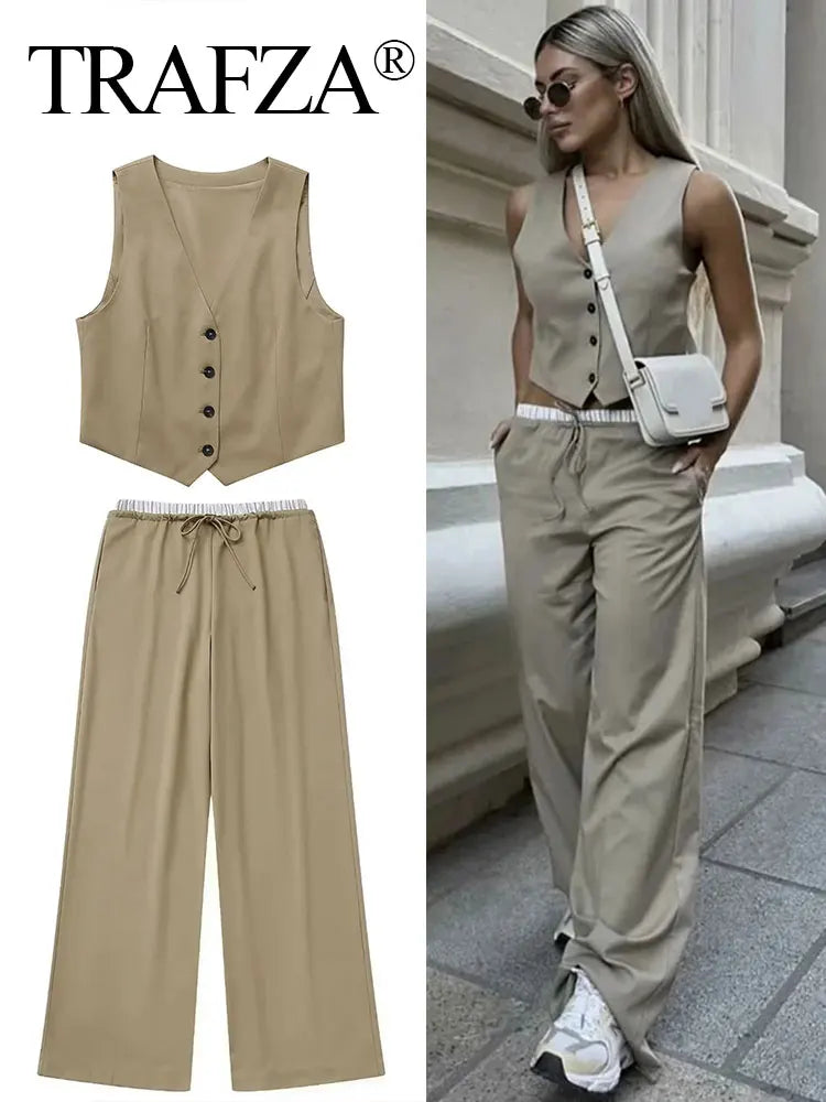 Saashi Women’s V-Neck Vest Top and Wide Leg Pants Set with Drawstring Waist Trousers